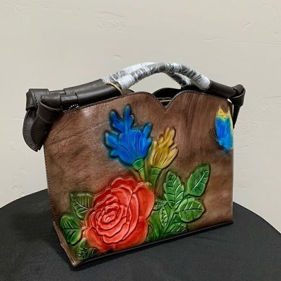 Genuine Distressed Leather Relief Floral & Butterfly Embossed Satchel/Crossbody - Picture 5 of 16